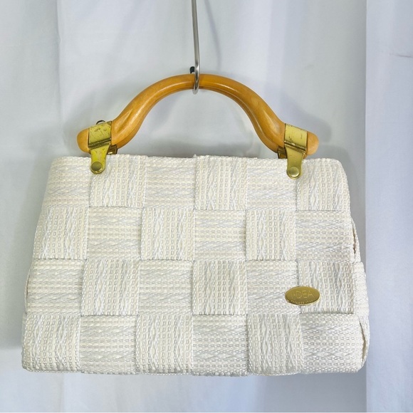 VINTAGE WHITE CREAM WOVEN BAG SUMMER WOODEN  HANDLE HANDBAG MADE IN ITALY - Picture 5 of 14